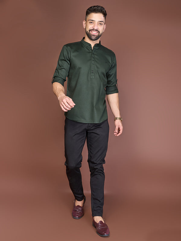 Dark Green Mandarin Collar Short Silk Kurta