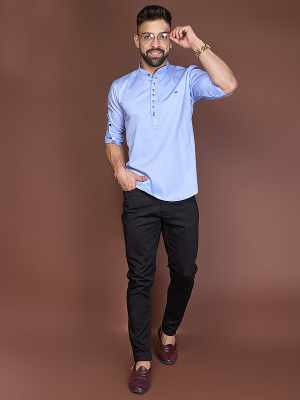 Mandarin Collar And Rolled-up Sleeves Short Silk Kurta In Sky Blue