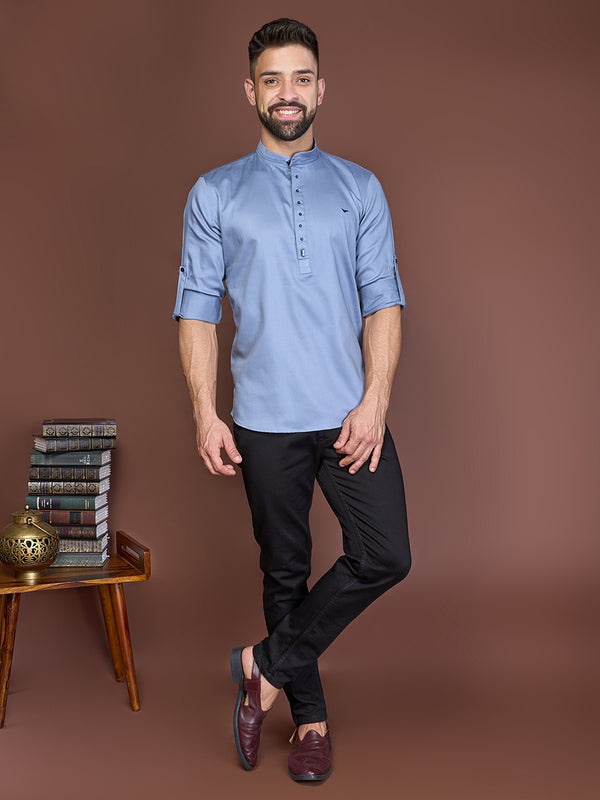 Cloudy Gray Colour Short Silk Kurta With Mandarin Collar