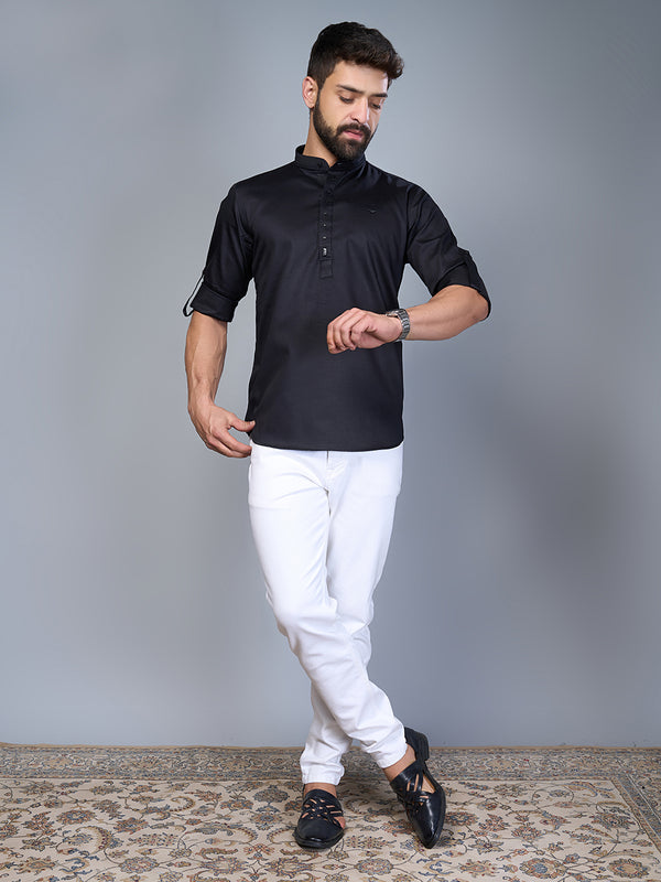 Super Black Mandarin Collar Silk Kurta Shirt Design