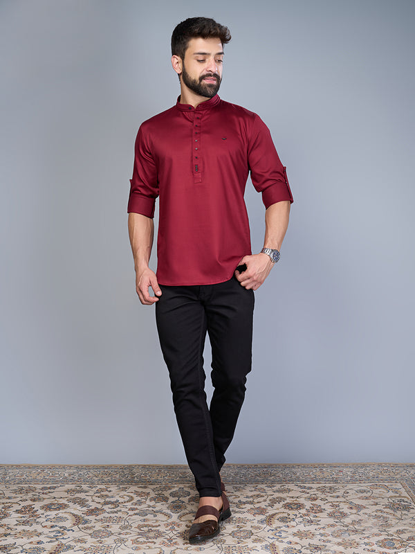 Casual Silk Short Kurta for Men In Dark Red Colour