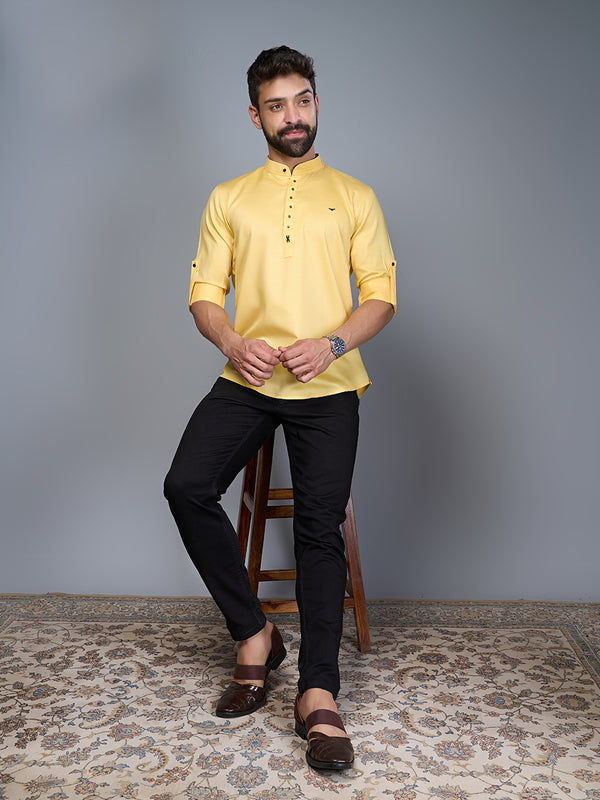 Light Yellow Short Silk Kurta Shirt For Men