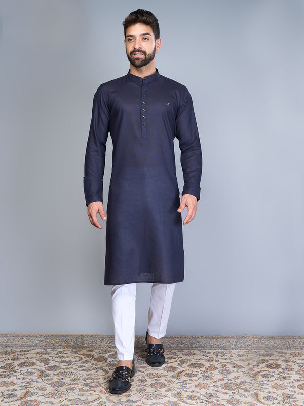 Designer Navy Blue Men's Silk Kurta Set With Mandarin Collar