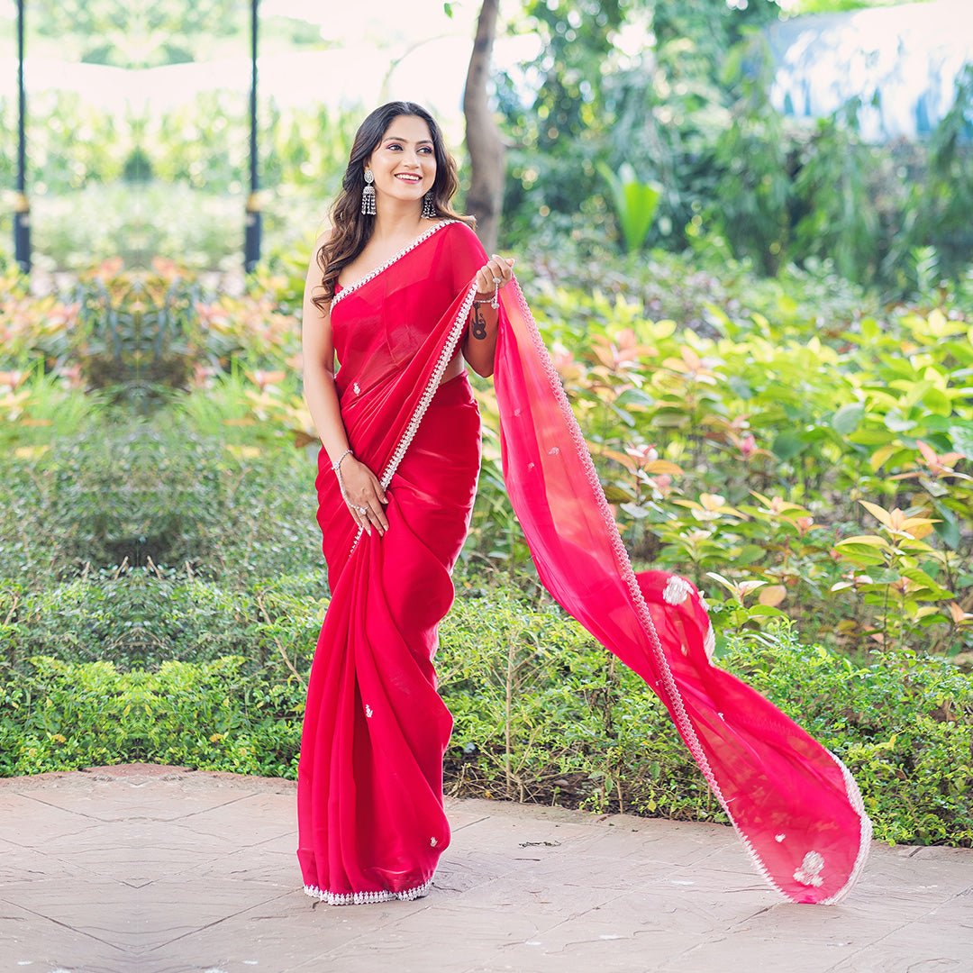 Beautiful Rady To Wear Silk Plain Saree Red : The Morani Fashion