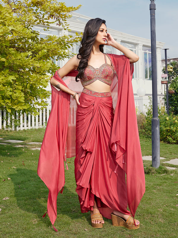 Rosewood Pink Ruffled Drape Saree with Flowing Cape Sleeves