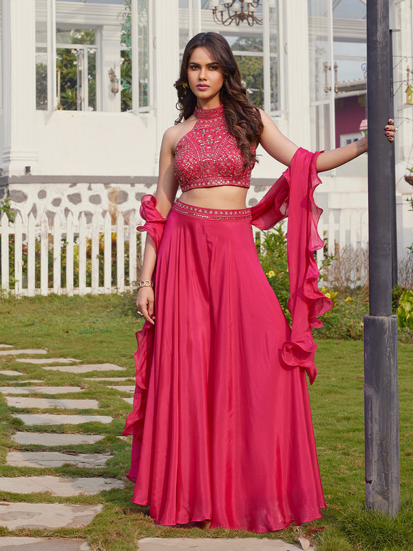 Rose Pink Embellished Halter Neck Lehenga Set with Ruffled Dupatta