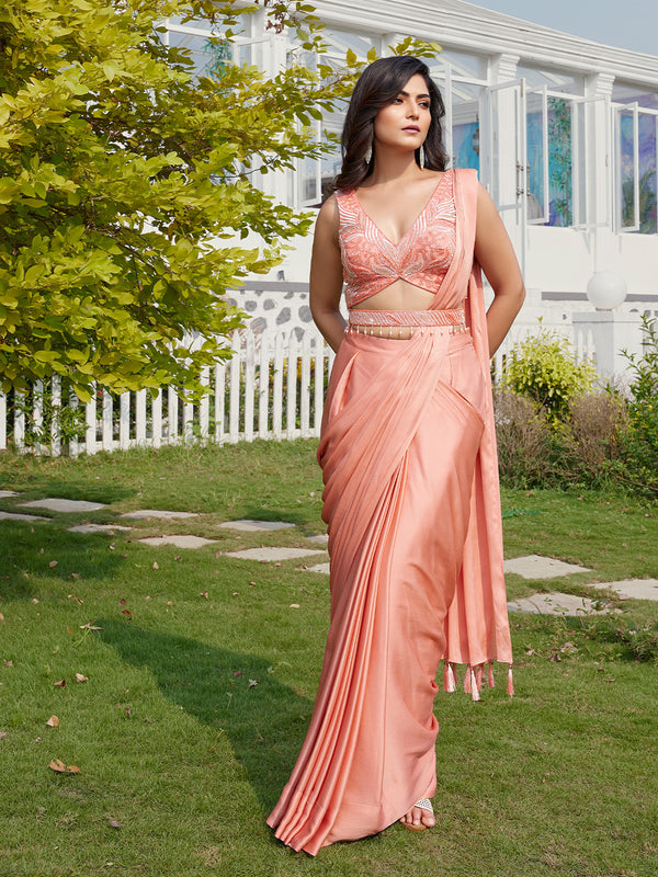 Indo Western Saree Dress Pink Soft Silk Saree With Embroidered