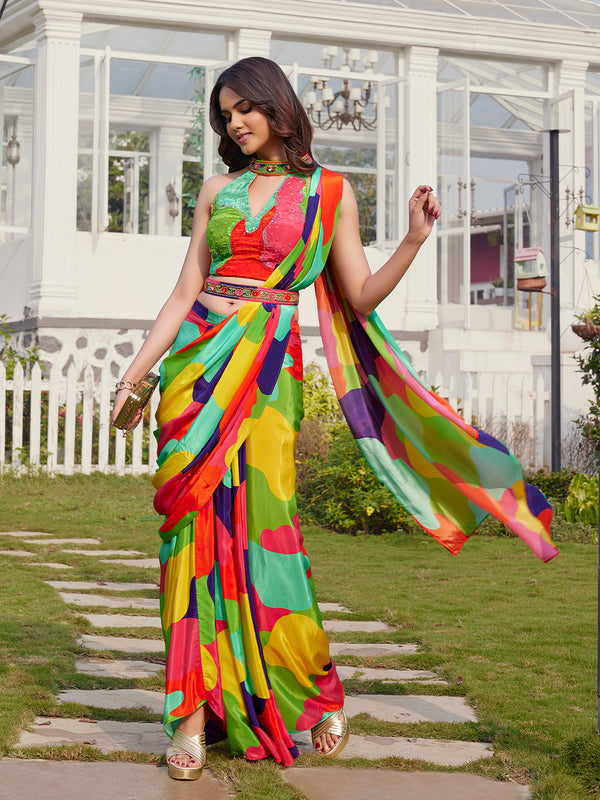 Contemporary Vibrant Multicolor Indo-Western Saree