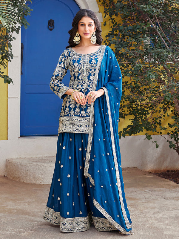 Majestic Teal Blue Embroidered Sharara Set with Opulent Silver Accents