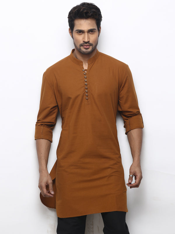 Earthy Brown Men's Kurta Enriched with Minimal Motifs