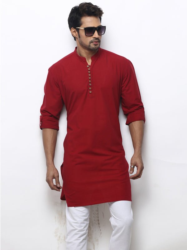 Fantastic Men's Plain Kurta in Red with Tucked Sleeve Pattern