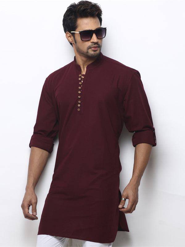 Unique Wine Hued Pattern Kurta in Mid-Length for Men