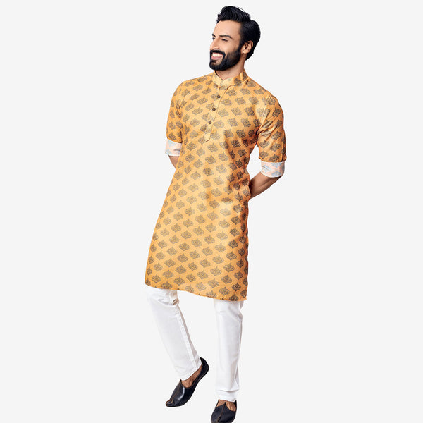 Glowy Mustard  Design Printed Kurta for Mens