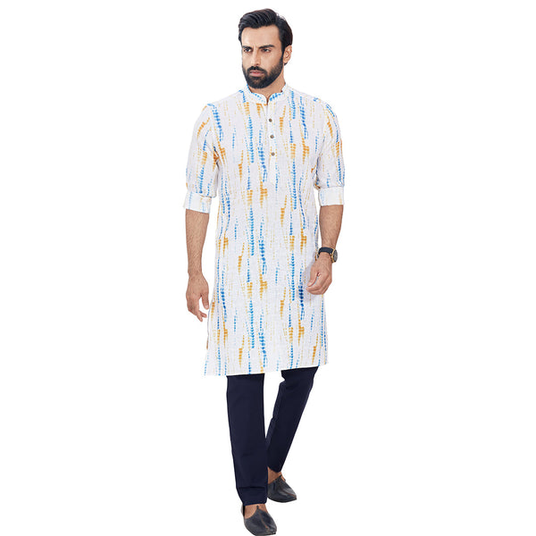 Contrast  White Kurta with Blue Stripe for Men