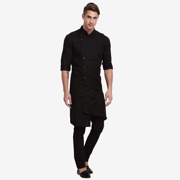 Mens Black Solid Kurta with Pyjama