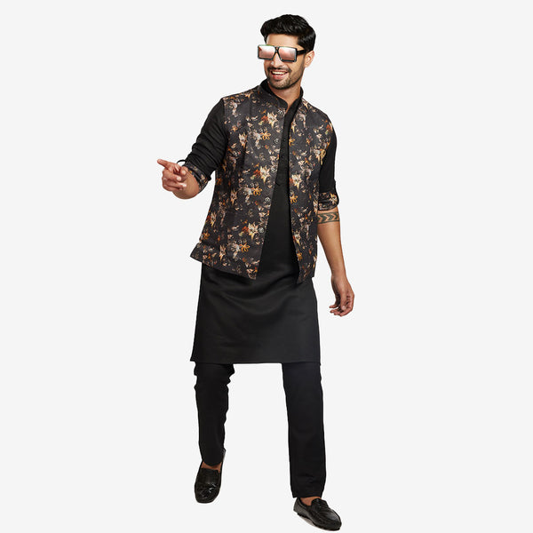 Bold Black Kurta with Printed Jacket Ensemble