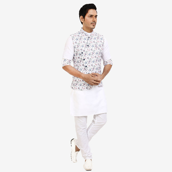 White Kurta with Floral Printed Jacket Ensemble