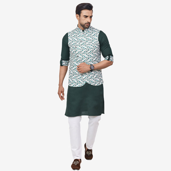 Grove Bloom  Olive Kurta with White Floral Printed Jacket