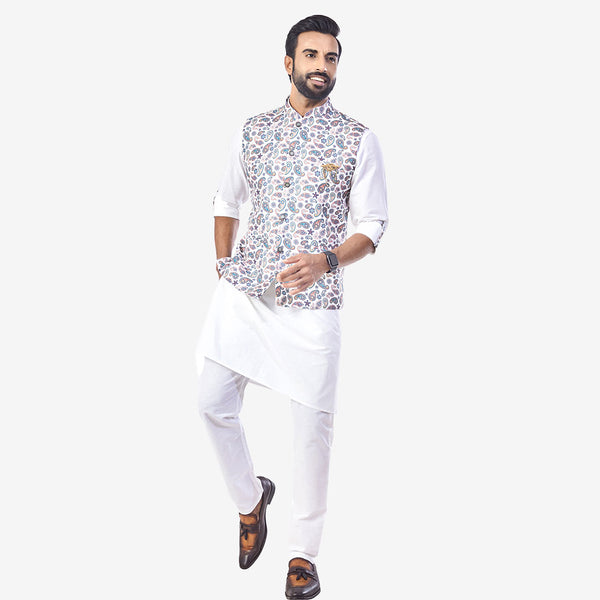 Whimsy White Kurta with Floral Printed Jacket