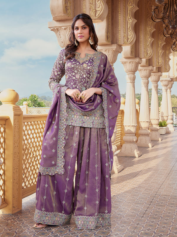 Regal Plum Embroidered Palazzo Suit and Sequin Detailing