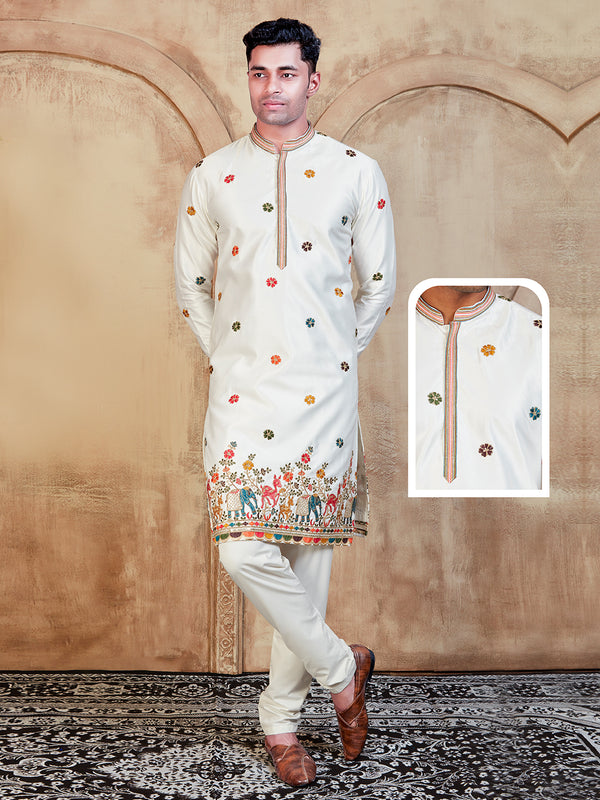 Festive kurta in white with multi and floral threadwork