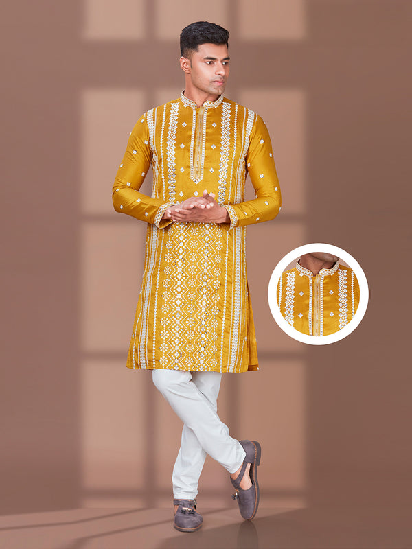 Mustark hue silk embroidered kurta for men