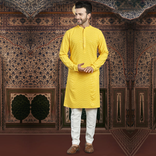 Luminous Lemon Yellow Sequin Kurta for Men