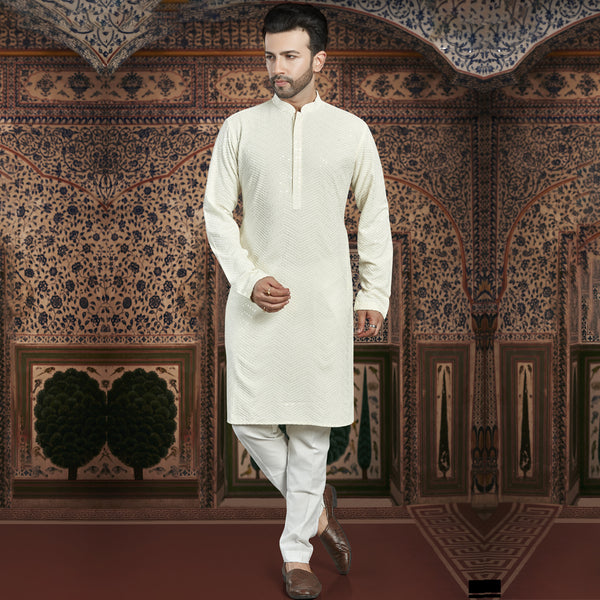 Cream Ivory Pattern Kurta for Men