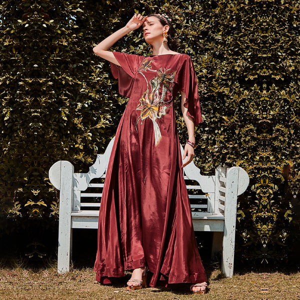Captivating Rosewood Red Silk Gown