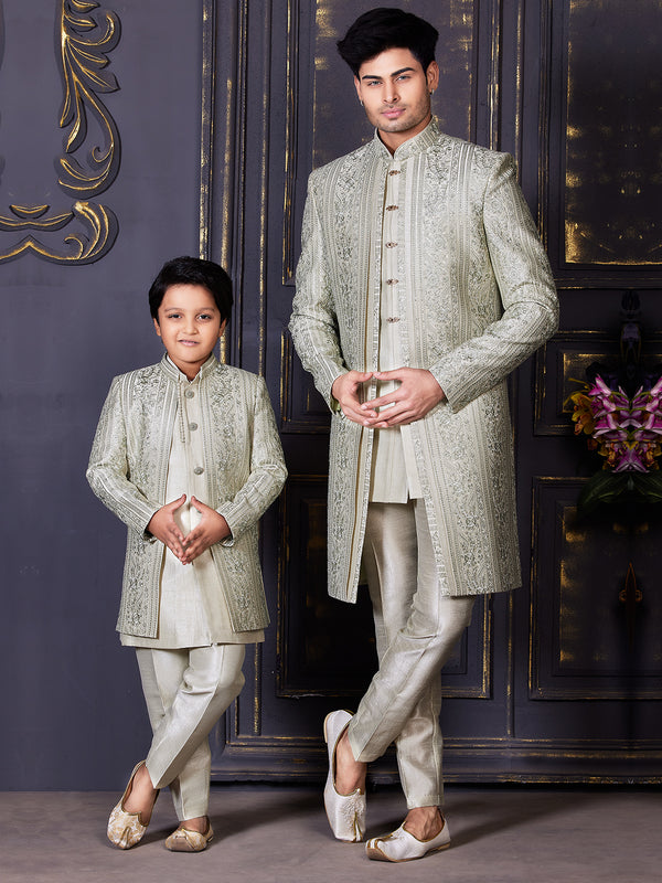 Metallic Grey Shimmer Sherwani Combo Set for Father