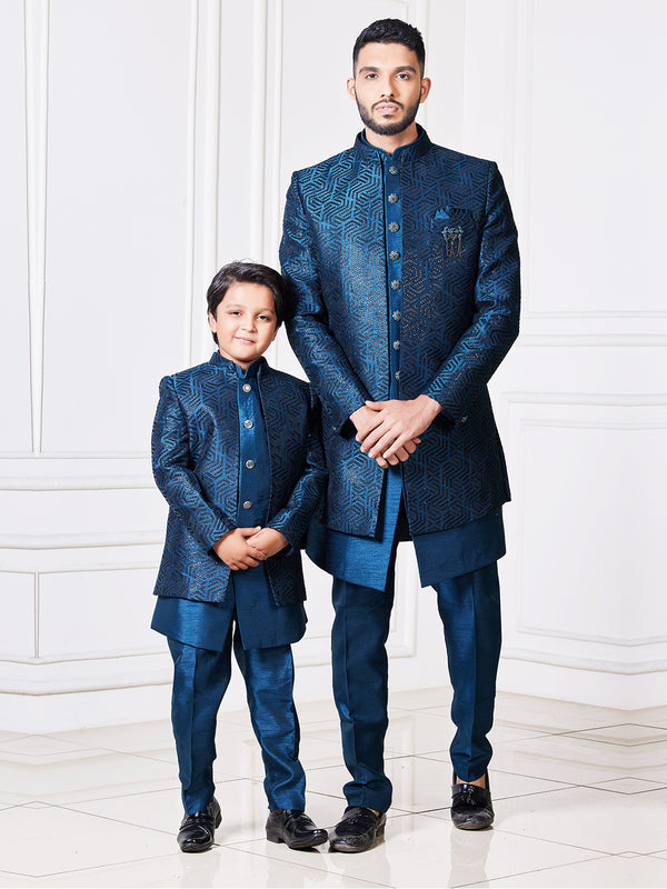 Royal Blue Brocade Jacket Style Sherwani Combo Set for Father