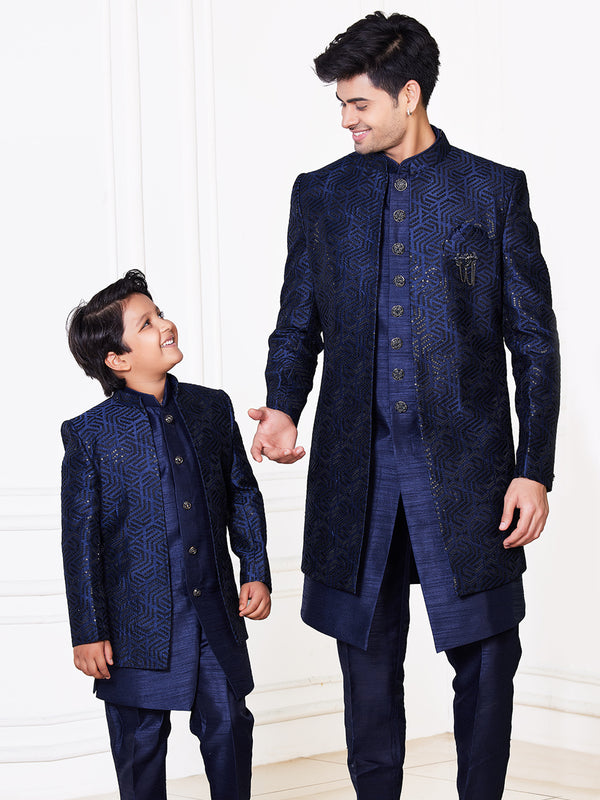 Navy Blue Combo Set for Father With Brocade Jacket