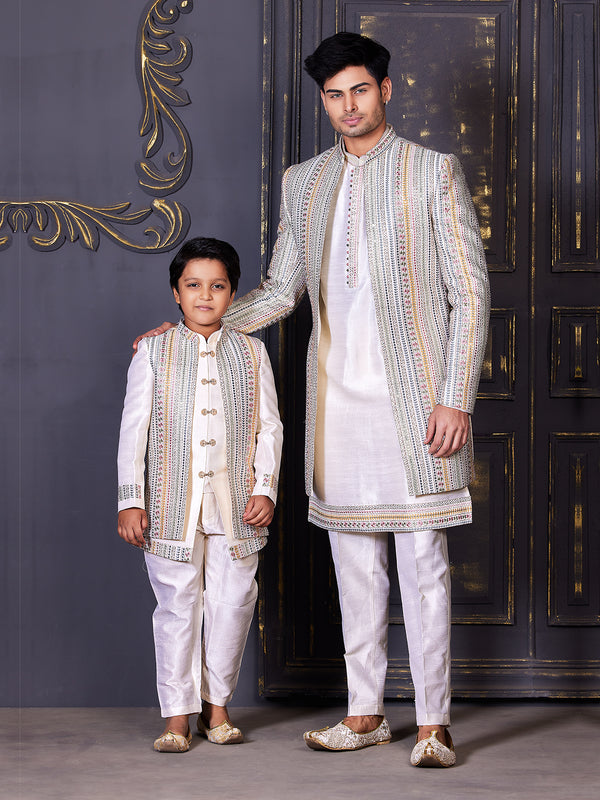 Light Multi Colour Sherwani Combo Set with White Pyjama Kurta for Father