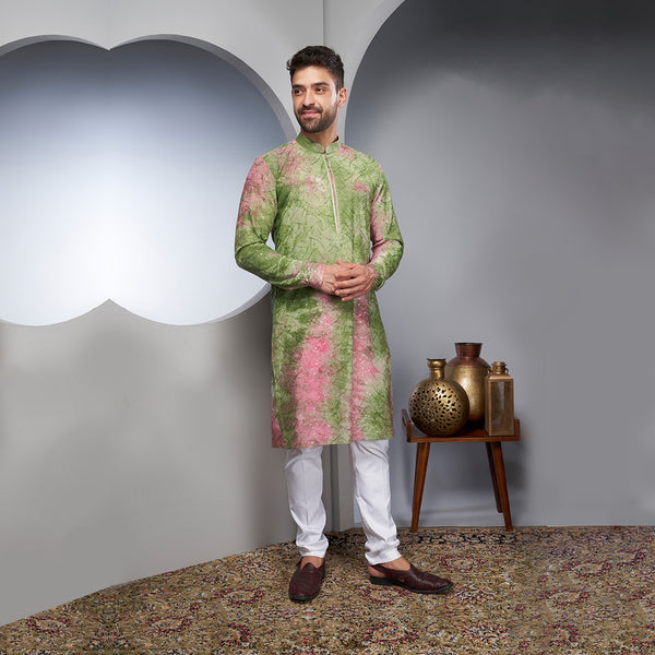 Silk tie dye printed embellished kurta set