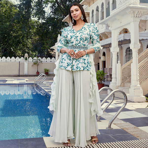 Whimsical White Palazzo Set Blooming with Green Floral Prints