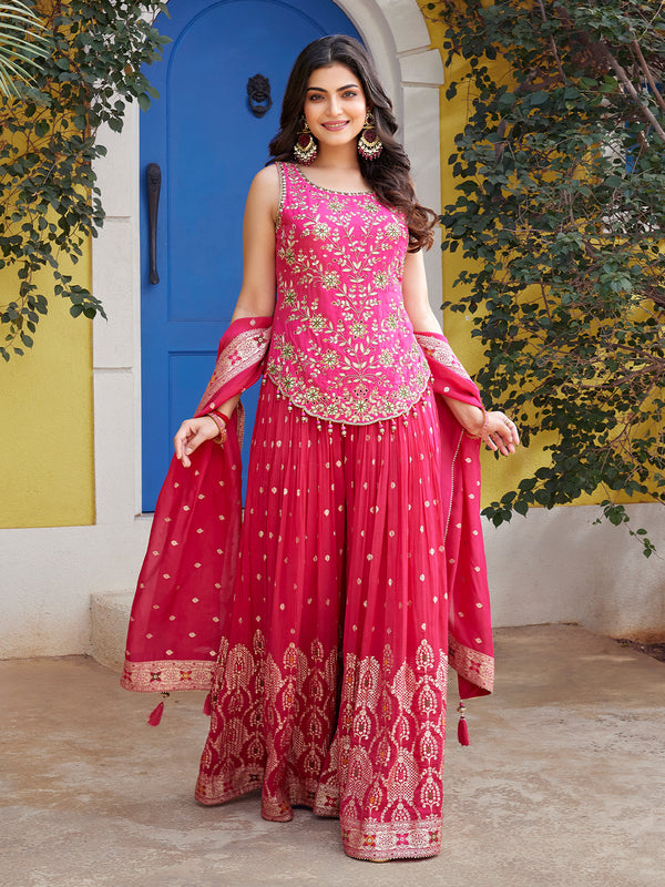 Blush Magenta Rose Embroidered Palazzo Set with Lustrous  Accents