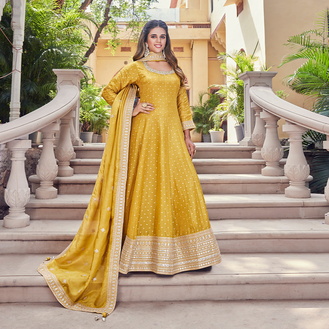 Yellow Gown Indian Designer Wedding shops Gown Rady to Wear Partywear Printed Gown Readymade Fancy Gown Lehenga Suit Indian Dress