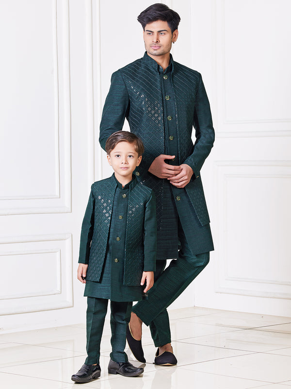 Ethnic Teal and Gold-Toned Set with Jacket Combo Set for Son