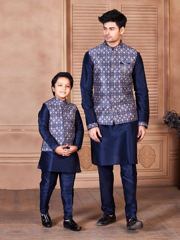 Navy Blue Kurta Pyjama Set with Luxurious Printed Nehru Jacket for  Son