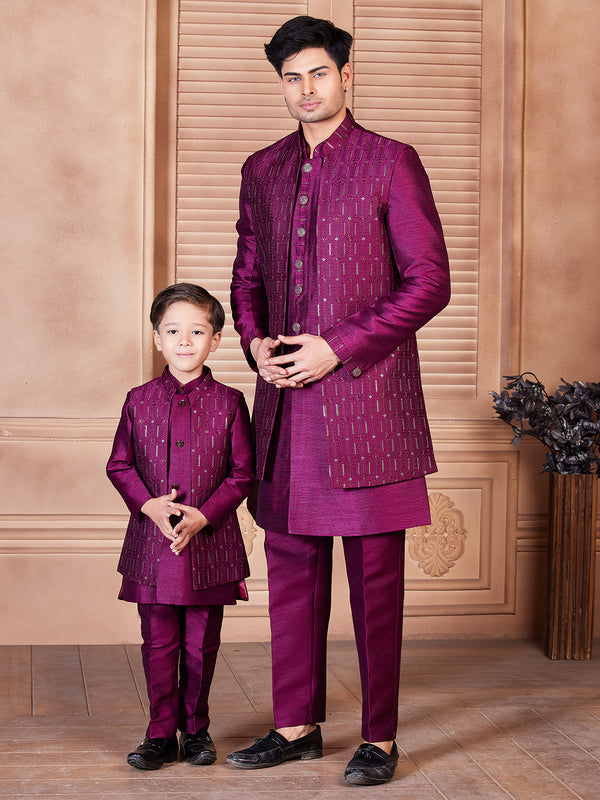 Amaranth Pink Embellished Kurta Set with Bandi Jacket for  Son