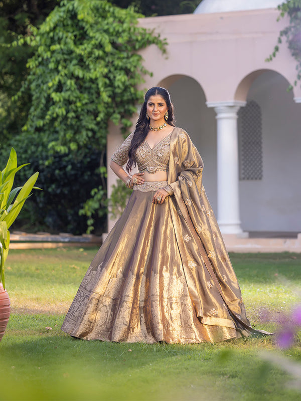 Dual Tone Grey and Gold Flowing Silk Lehenga