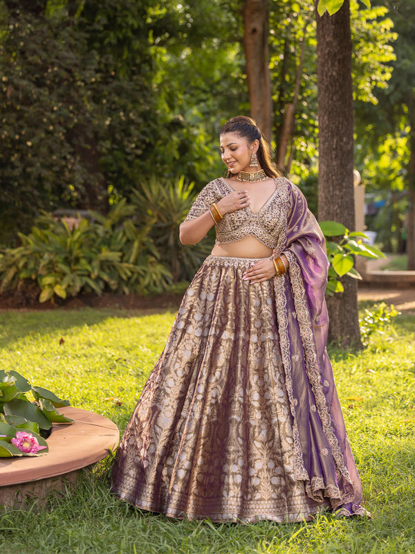 Ornate Mauve Pink Gold Weave Traditional Lehenga