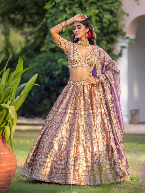 Luxurious Rose Gold Pink Brocade Weave Lehenga