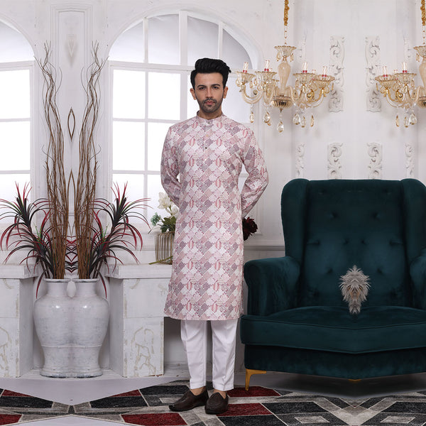 Cream And Brown Contrasted Printed Kurta For Men