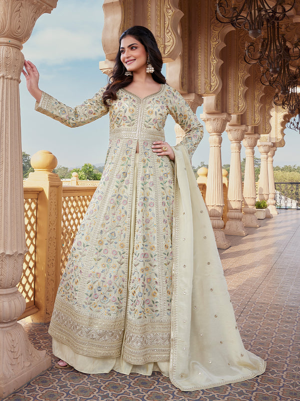 Graceful Florals with Pearl Ivory Blossom Embroidered Anarkali Gown