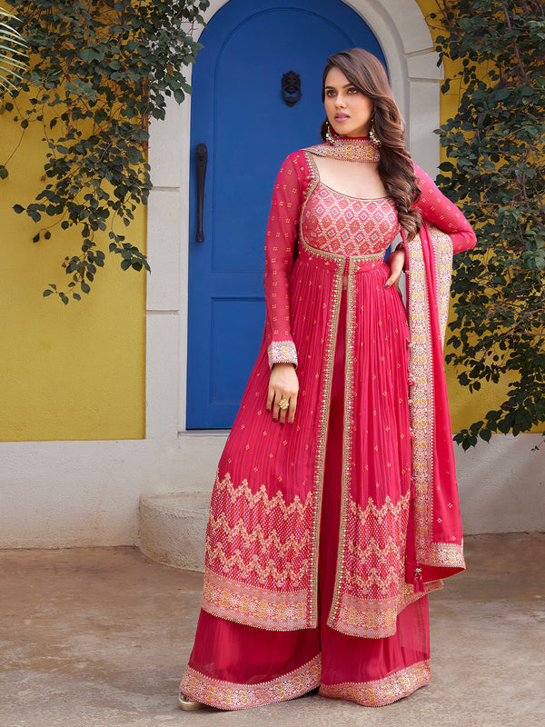 Crimson Pink Embroidered Palazzo Suit with Zari and Mirror Work