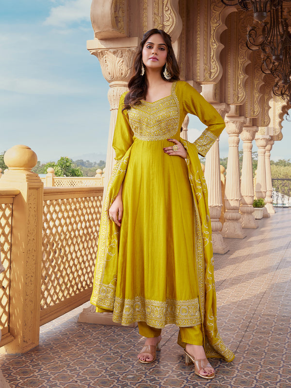 Golden Olive Embroidered Regal Zari Accents Anarkali Suit