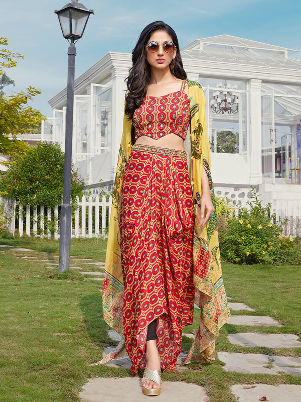 Red Indo-Western Dhoti Set with Patterned Shrug & Yellow Dupatta