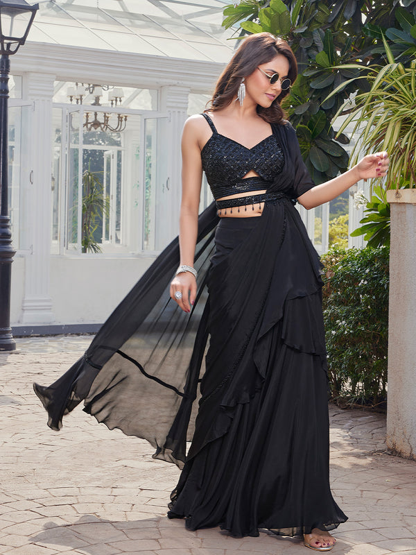 Obsidian Black Ruffled Indo-Western Saree with Sequined Blouse