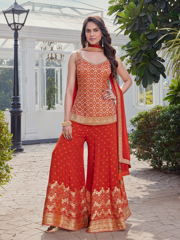 Fiery Tangerine Gold-Embroidered Palazzo Set  with Ornate Detailing